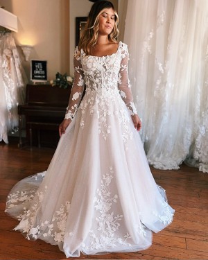 White Lace Applique Scoop Neckline A-line Wedding Dress with Long Sleeves WD2574