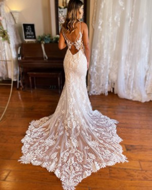 Lace Mermaid Spaghetti Straps Ivory Wedding Dress WD2575