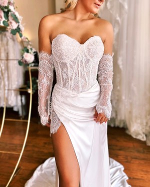 Lace Bodice White Mermaid Sweetheart Wedding Dress with Side Slit WD2578