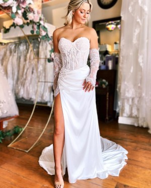Lace Bodice White Mermaid Sweetheart Wedding Dress with Side Slit WD2578