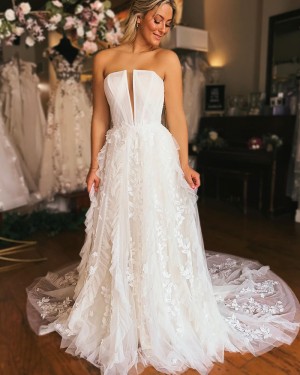 Ruffled Lace Applique Ivory Strapless Wedding Dress WD2580