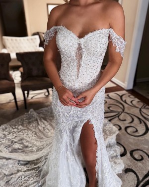 Beaded Lace Ivory Off the Shoulder Wedding Dress with Side Slit WD2582