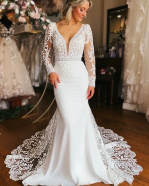 White Lace Mermaid V-neck Wedding Dress with Long Sleeves WD2583