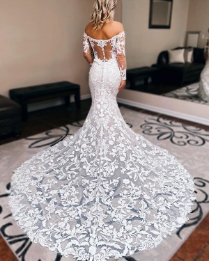 White Lace Mermaid Off the Shoulder Wedding Dress with Long Sleeves WD2584
