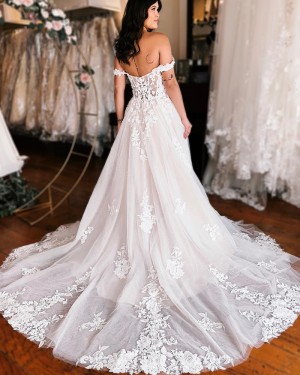 Lace Applique Ivory Square Neckline Wedding Dress with Side Slit WD2585