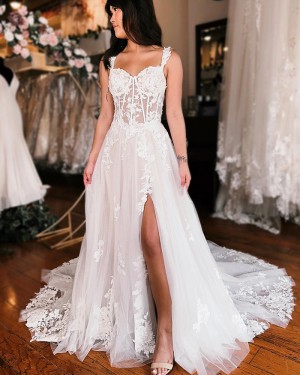 Lace Applique Ivory Square Neckline Wedding Dress with Side Slit WD2585