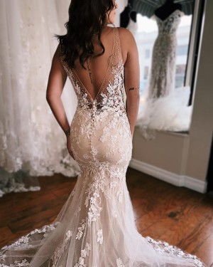 Lace Beaded White Mermaid V-neck Wedding Dress WD2586