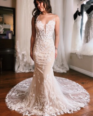 Lace Beaded White Mermaid V-neck Wedding Dress WD2586