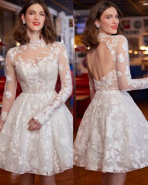 Lace Ivory Short High Neck Wedding Dress with Long Sleeves WD2587