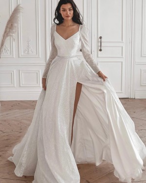 Glitter Queen Anne Neckline Ivory Side Slit Wedding Dress with Long Sleeves WD2592