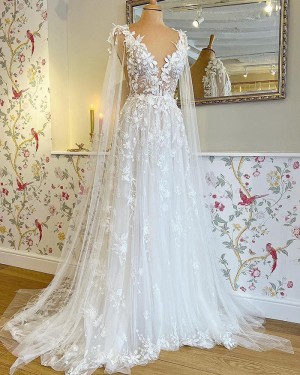Lace Applique Tulle V-neck Wedding Dress with Cape Sleeves WD2597