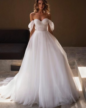 White Tulle Beaded Bodice Off the Shoulder Wedding Dress WD2599