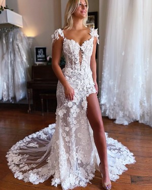 3D Flower Applique Square Neckline Mermaid Wedding Dress with Side Slit WD2600