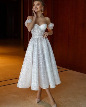 Glitter Off the Shoulder Ankle Length Wedding Dress WD2601