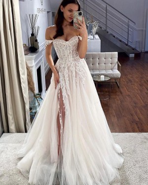 Lace Bodice Ivory Off the Shoulder Wedding Dress with Side Slit WD2604