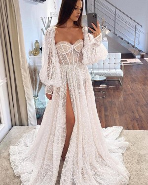 Ivory Lace Side Slit Sweetheart Wedding Dress with Detachable Long Sleeves WD2605