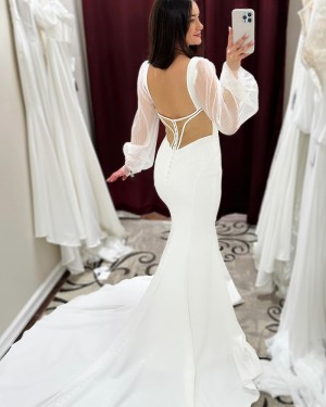 V-neck White Satin Simple Mermaid Wedding Dress with Long Sleeves WD2607