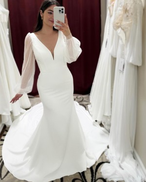 V-neck White Satin Simple Mermaid Wedding Dress with Long Sleeves WD2607