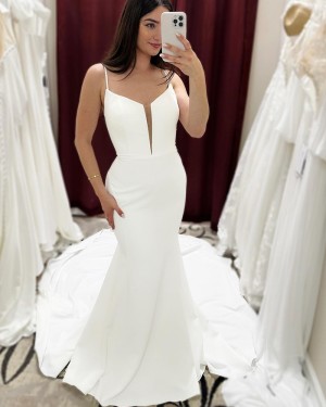 White Spaghetti Straps Simple Satin Mermaid Wedding Dress WD2608