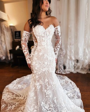 Lace White Sweetheart Mermaid Wedding Dress with Removable Sleeves WD2609