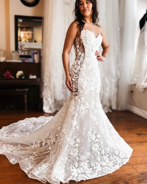 Lace White Sweetheart Mermaid Wedding Dress with Removable Sleeves WD2609