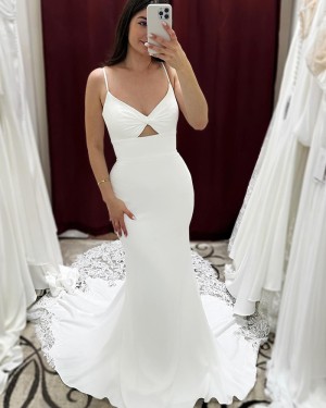 White Spaghetti Straps Cutout Simple Mermaid Wedding Dress with Lace Train WD2611