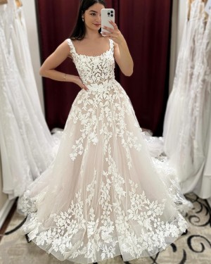 Square Neck Lace Applique Ivory Wedding Dress WD2612