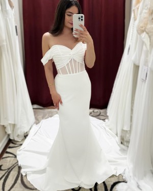 White Off the Shoulder Ruched Simple Satin Wedding Dress WD2613