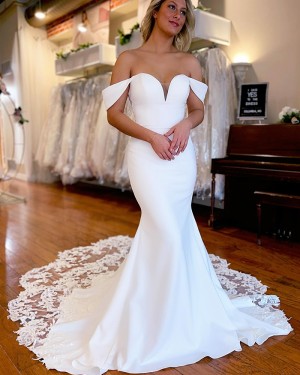 White Satin Mermaid Off the Shoulder Wedding Dress with Lace Train WD2614