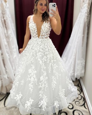 V-neck Lace A-line White Wedding Dress WD2616