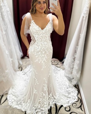 Lace Applique White V-neck Beading Wedding Dress WD2618