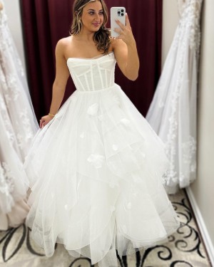 Ivory Ruffled Strapless Wedding Dress with 3D Flowers WD2619