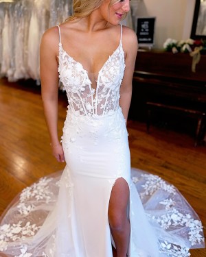 White Spaghetti Straps Applique Mermaid Wedding Dress with Side Slit WD2622