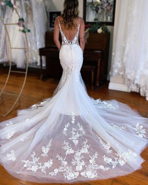 Beading Lace Appliqued Deep V-neck Mermaid Wedding Dress WD2623