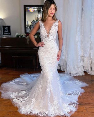 Beading Lace Appliqued Deep V-neck Mermaid Wedding Dress WD2623