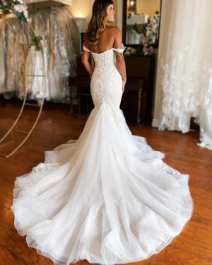 Lace White Square Neckline Tulle Mermaid Wedding Dress WD2624