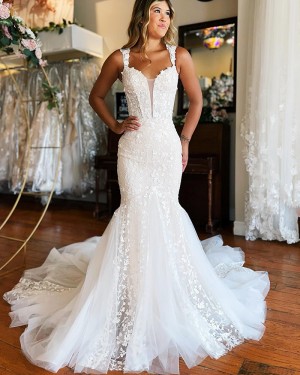 Lace White Square Neckline Tulle Mermaid Wedding Dress WD2624