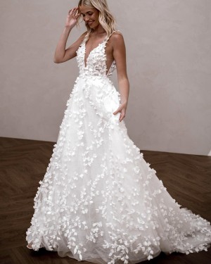 White V-neck Handmade Flower A-line Wedding Dress WD2625