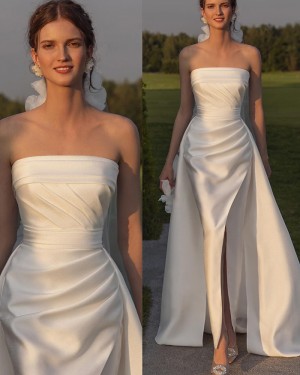 Strapless Ruched Satin Sheath White Wedding Dress with Detachable Skirt WD2632