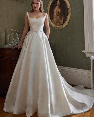 Satin Scoop Neckline Simple White Wedding Dress WD2633