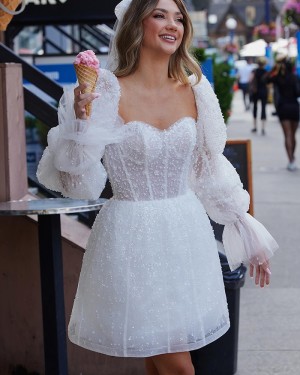 Lace White Square Neckline Short Wedding Dress with Long Sleeves WD2637