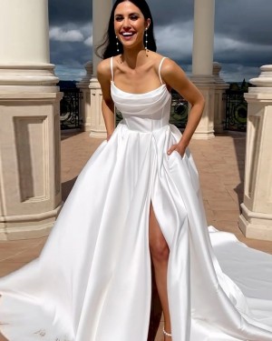 White Ruched Side Slit Spaghetti Straps Wedding Dress with Pockets WD2649
