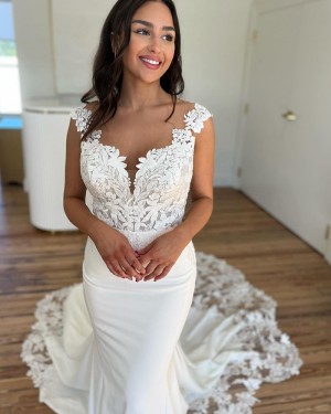 Lace Bodice White V-Neck Mermaid Wedding Dress With Lace Train WD2657