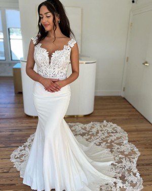 Lace Bodice White V-Neck Mermaid Wedding Dress With Lace Train WD2657