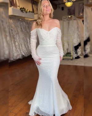 Off The Shoulder White Sparkly Beading Mermaid Wedding Dress With Long Sleeves WD2658