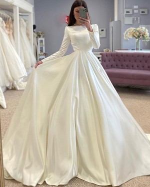 Jewel Neckline Satin White Simple A-Line Wedding Dress With Long Sleeves WD2661