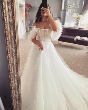 White Beading Bodice Strapless Tulle Wedding Dress With Ruffled Short Sleeves WD2663