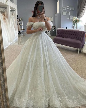 Ivory Sparkle Off The Shoulder Ruched A-Line Wedding Dress WD2665