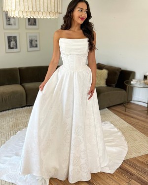 White Print Satin Strapless Wedding Dress WD2669