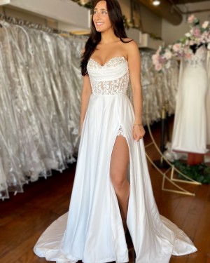 Lace Bodice Sweetheart Satin White Wedding Dress With Side Slit WD2675